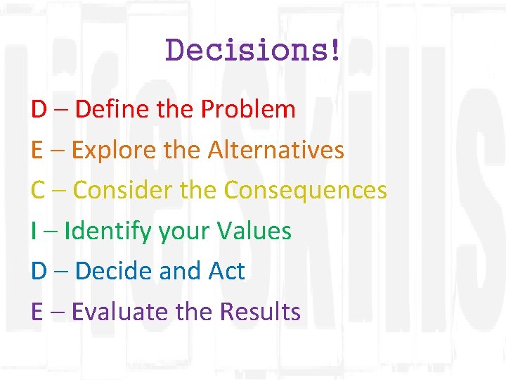 Decisions! D – Define the Problem E – Explore the Alternatives C – Consider