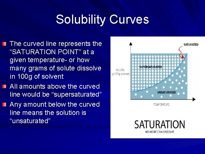 Solubility Curves The curved line represents the “SATURATION POINT” at a given temperature- or