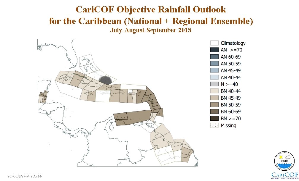 Cari. COF Objective Rainfall Outlook for the Caribbean (National + Regional Ensemble) July-August-September 2018