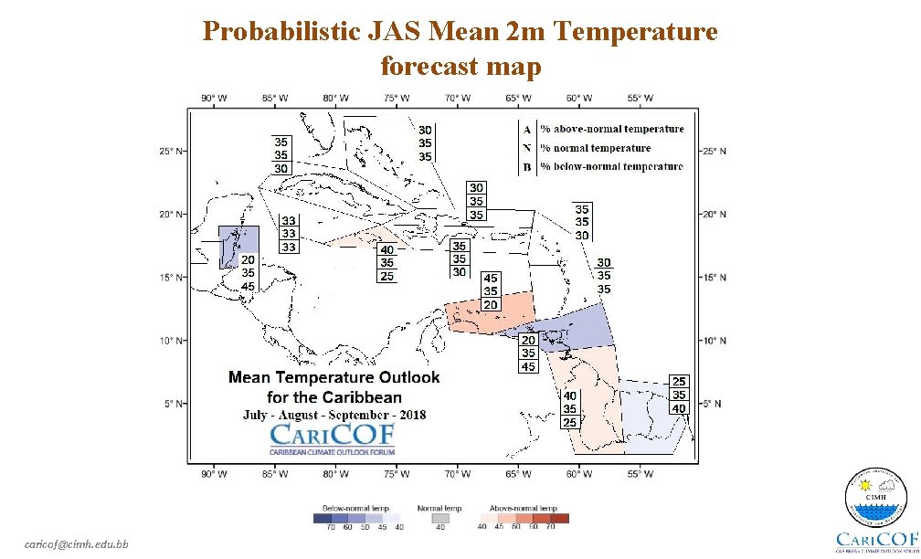 Probabilistic JAS Mean 2 m Temperature forecast map caricof@cimh. edu. bb 