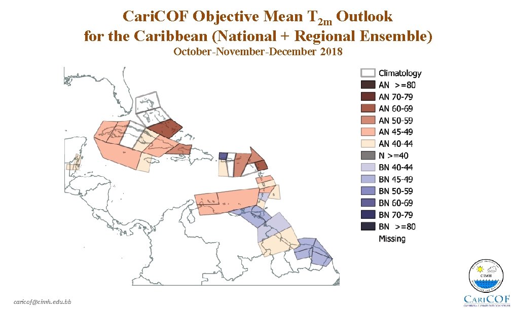 Cari. COF Objective Mean T 2 m Outlook for the Caribbean (National + Regional