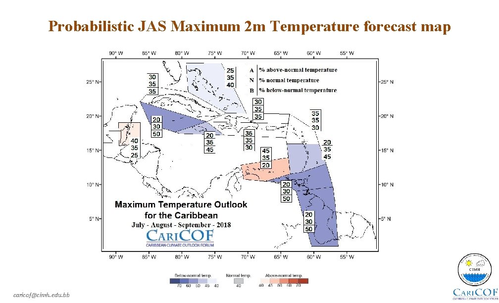 Probabilistic JAS Maximum 2 m Temperature forecast map caricof@cimh. edu. bb 