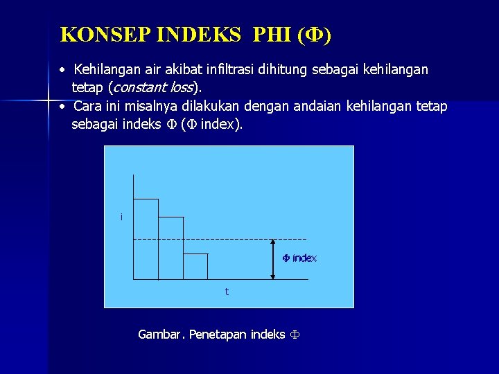 KONSEP INDEKS PHI (Φ) • Kehilangan air akibat infiltrasi dihitung sebagai kehilangan tetap (constant