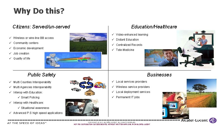 Why Do this? Citizens: Served/un-served Education/Healthcare ü Video enhanced learning ü Wireless or wire Why Do this? Citizens: Served/un-served Education/Healthcare ü Video enhanced learning ü Wireless or wire