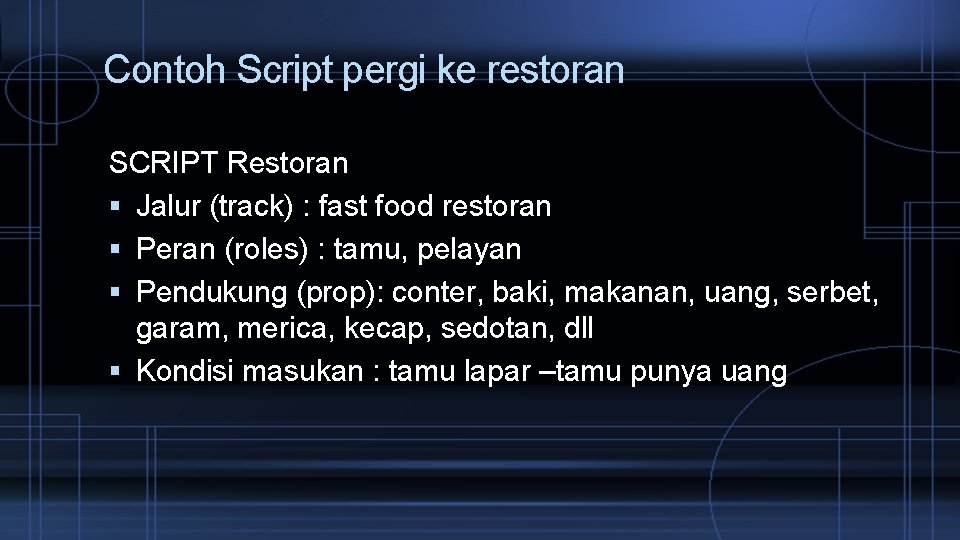 Contoh Script pergi ke restoran SCRIPT Restoran Jalur (track) : fast food restoran Peran