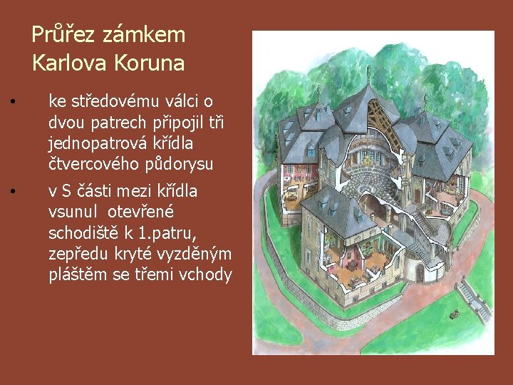 Průřez zámkem Karlova Koruna • ke středovému válci o dvou patrech připojil tři jednopatrová