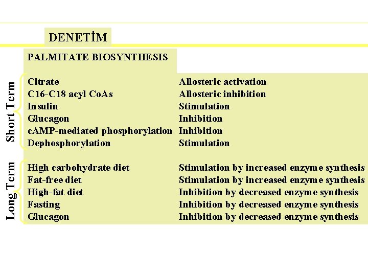 REGULATION OF FATTY ACID BIOSYNTHESIS DENETİM Short Term Citrate C 16 -C 18 acyl