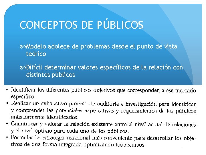 CONCEPTOS DE PÚBLICOS Modelo adolece de problemas desde el punto de vista teórico Difícil
