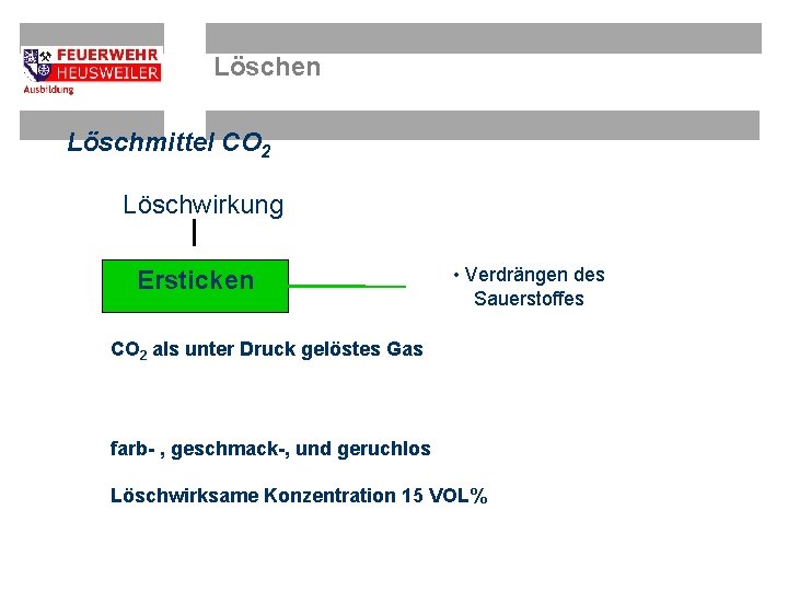 Löschen Löschmittel CO 2 Löschwirkung Ersticken • Verdrängen des Sauerstoffes CO 2 als unter