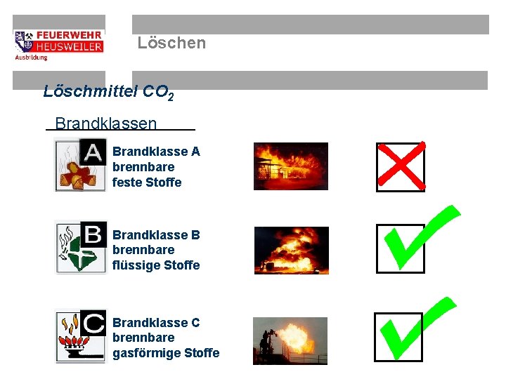 Löschen Löschmittel CO 2 Brandklassen Brandklasse A brennbare feste Stoffe Brandklasse B brennbare flüssige