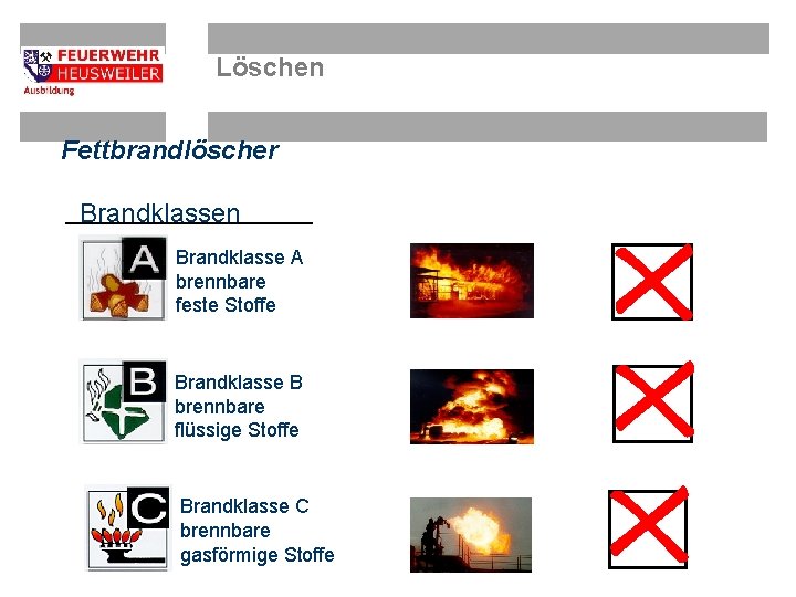 Löschen Fettbrandlöscher Brandklassen Brandklasse A brennbare feste Stoffe Brandklasse B brennbare flüssige Stoffe Brandklasse