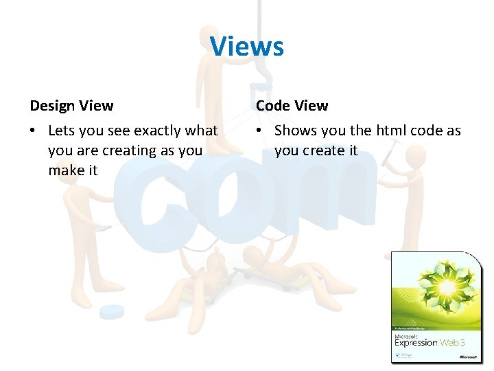 Views Design View Code View • Lets you see exactly what you are creating