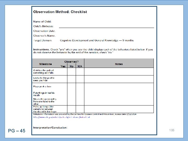 PG – 45 Behavioral Observation and Screening 106 