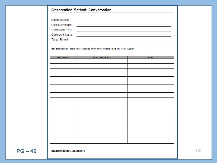PG – 49 Behavioral Observation and Screening 120 