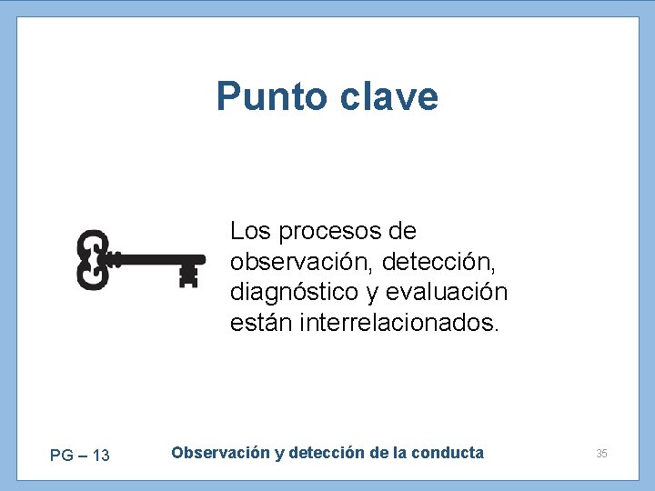 Punto clave Los procesos de observación, detección, diagnóstico y evaluación están interrelacionados. PG –