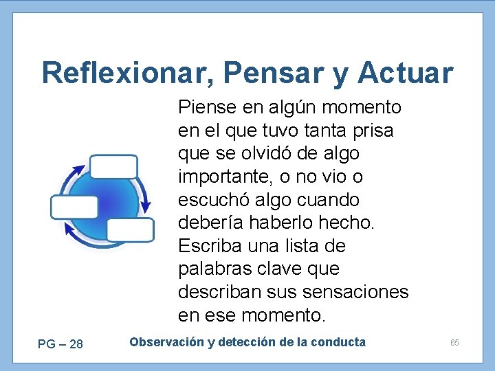 Reflexionar, Pensar y Actuar Piense en algún momento en el que tuvo tanta prisa