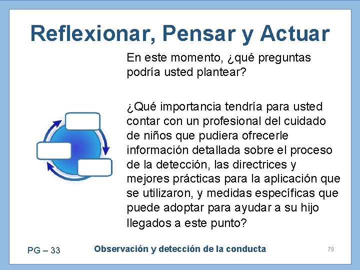 Reflexionar, Pensar y Actuar En este momento, ¿qué preguntas podría usted plantear? ¿Qué importancia