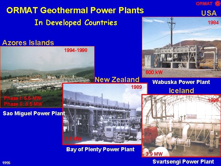 ORMAT Geothermal Power Plants USA In Developed Countries 1984 Azores Islands 1994 -1998 600