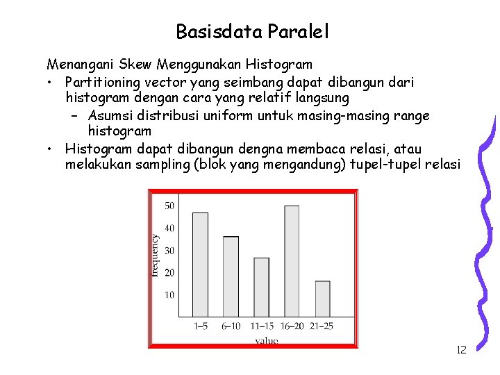 Basisdata Paralel Menangani Skew Menggunakan Histogram • Partitioning vector yang seimbang dapat dibangun dari