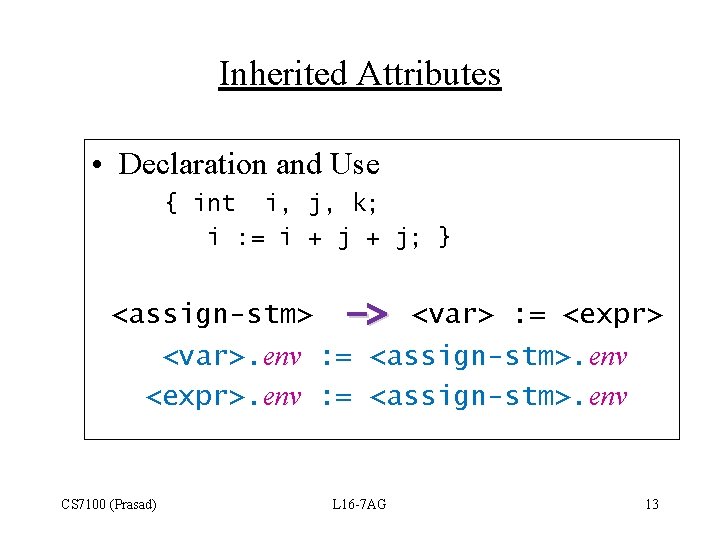 Inherited Attributes • Declaration and Use { int i, j, k; i : =