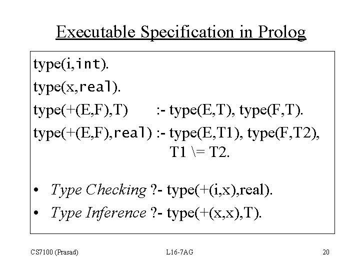 Executable Specification in Prolog type(i, int). type(x, real). type(+(E, F), T) : - type(E,