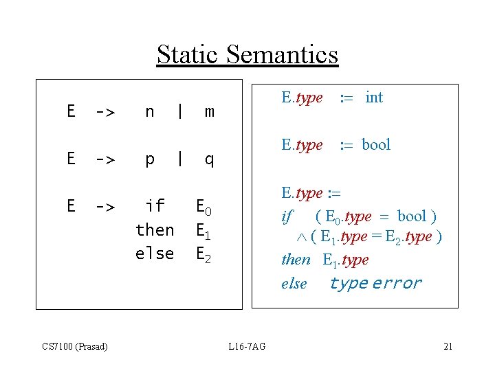 Static Semantics E E E -> -> -> CS 7100 (Prasad) n p |