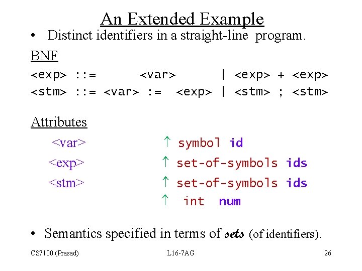 An Extended Example • Distinct identifiers in a straight-line program. BNF <exp> : :