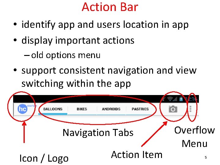 Action Bar • identify app and users location in app • display important actions