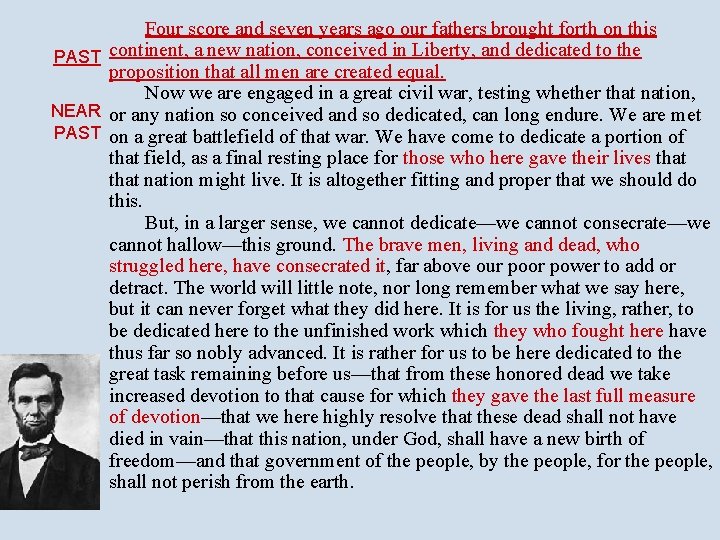 Four score and seven years ago our fathers brought forth on this PAST continent,