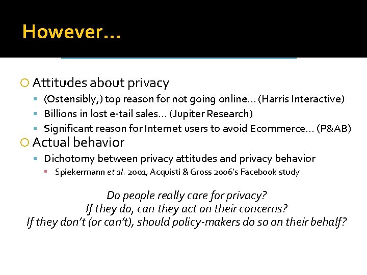 However… Attitudes about privacy (Ostensibly, ) top reason for not going online… (Harris Interactive)