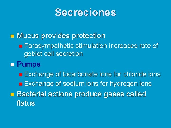 Secreciones n Mucus provides protection n n Parasympathetic stimulation increases rate of goblet cell