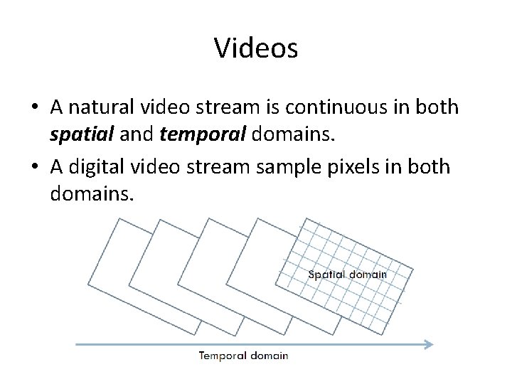 Videos • A natural video stream is continuous in both spatial and temporal domains.