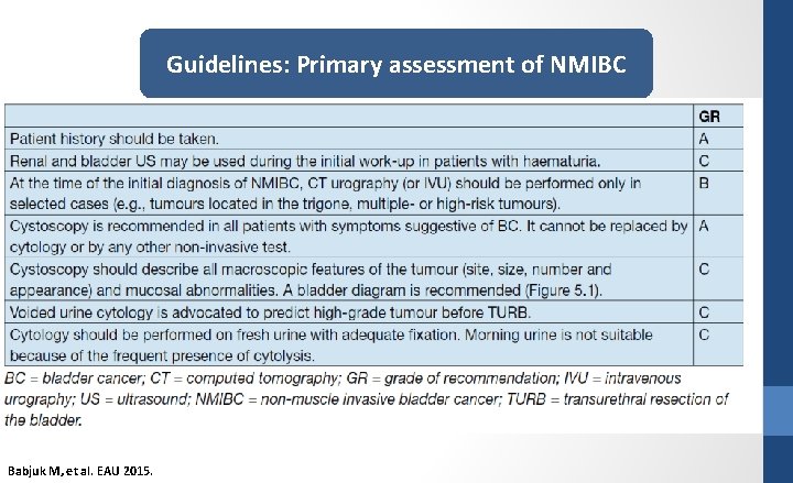 Guidelines: Primary assessment of NMIBC Babjuk M, et al. EAU 2015. 