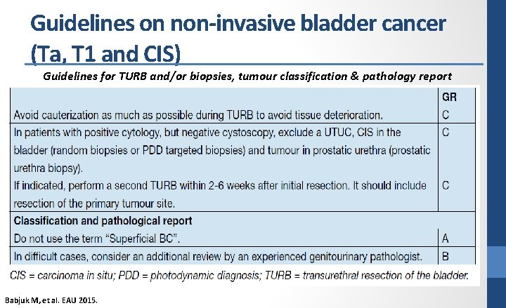 Guidelines on non-invasive bladder cancer (Ta, T 1 and CIS) Guidelines for TURB and/or