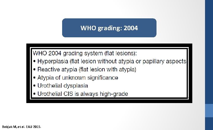 WHO grading: 2004 Babjuk M, et al. EAU 2015. 