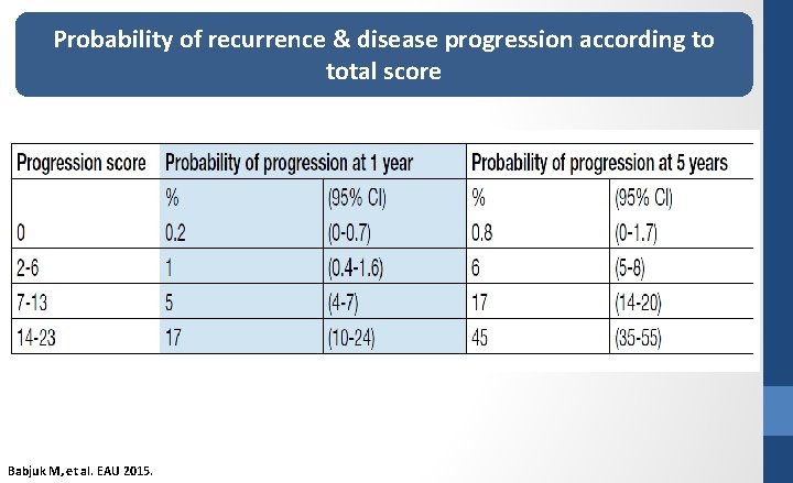 Probability of recurrence & disease progression according to total score Babjuk M, et al.