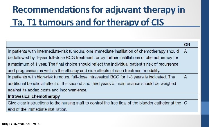 Recommendations for adjuvant therapy in Ta, T 1 tumours and for therapy of CIS