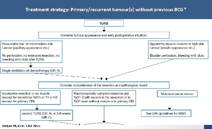 Treatment strategy: Primary/recurrent tumour(s) without previous BCG* Babjuk M, et al. EAU 2015. 