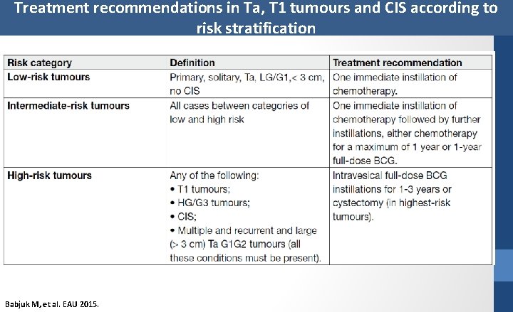 Treatment recommendations in Ta, T 1 tumours and CIS according to risk stratification Babjuk