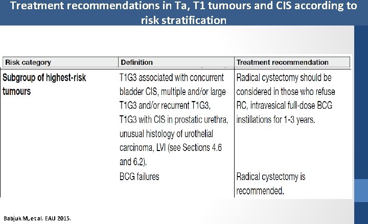Treatment recommendations in Ta, T 1 tumours and CIS according to risk stratification Babjuk