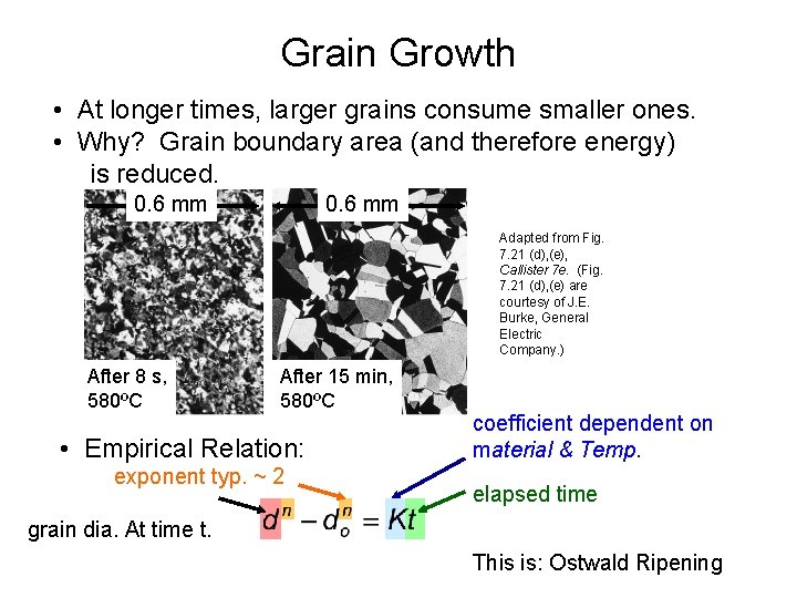 Grain Growth • At longer times, larger grains consume smaller ones. • Why? Grain