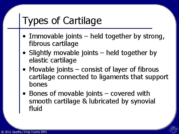 Types of Cartilage • Immovable joints – held together by strong, fibrous cartilage •