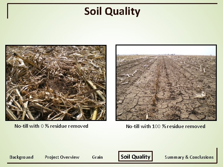 Soil Quality No-till with 0 % residue removed Background Project Overview No-till with 100