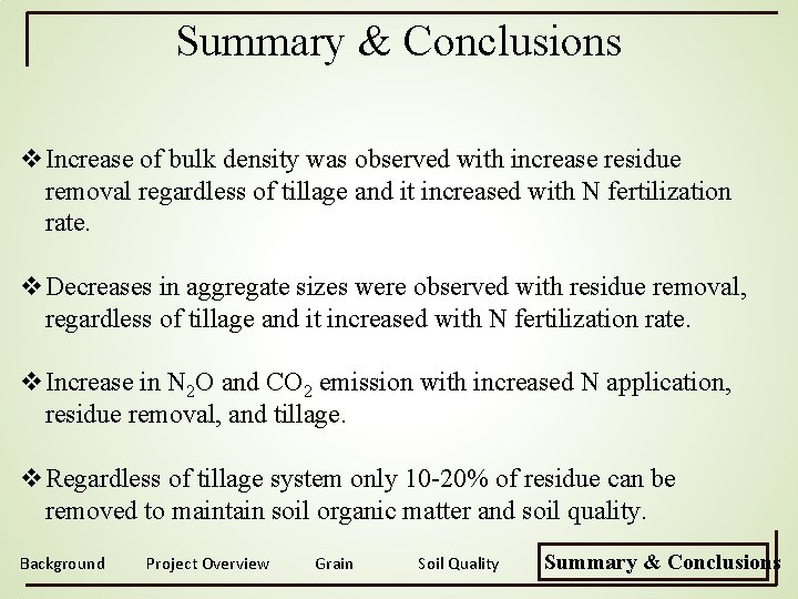 Summary & Conclusions v. Increase of bulk density was observed with increase residue removal