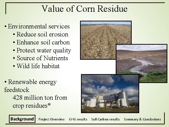 Value of Corn Residue • Environmental services • Reduce soil erosion • Enhance soil