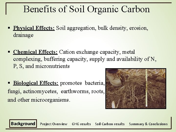 Benefits of Soil Organic Carbon § Physical Effects: Soil aggregation, bulk density, erosion, drainage