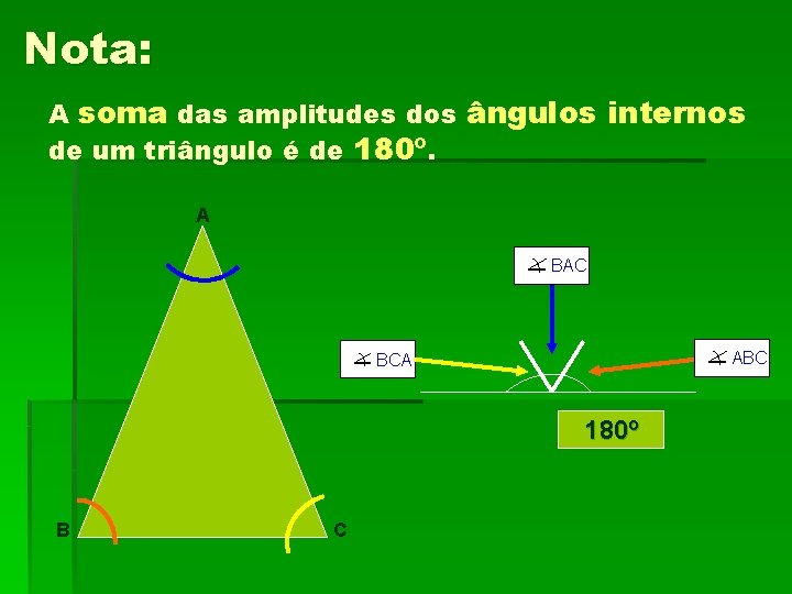 Nota: A soma das amplitudes dos ângulos internos de um triângulo é de 180º.