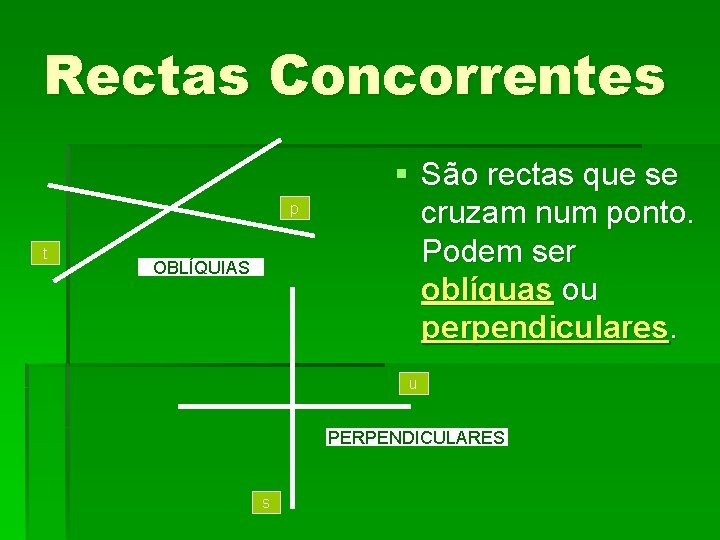 Rectas Concorrentes p t OBLÍQUIAS § São rectas que se cruzam num ponto. Podem