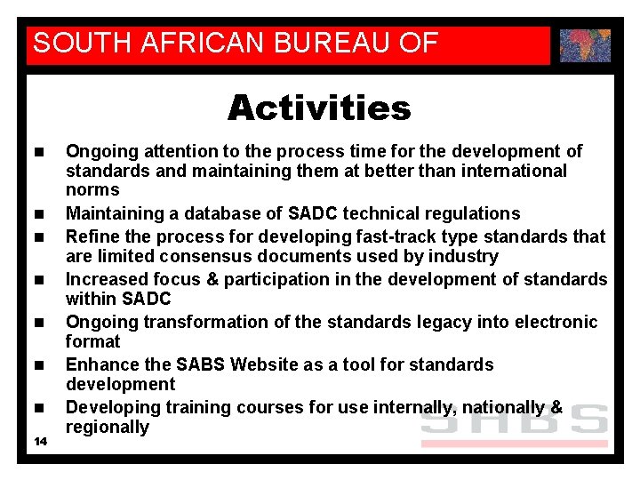 SOUTH AFRICAN BUREAU OF STANDARDS Activities n n n n 14 Ongoing attention to