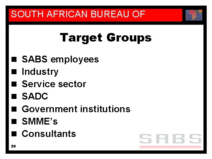 SOUTH AFRICAN BUREAU OF STANDARDS Target Groups n n n n 20 SABS employees